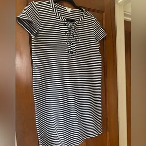 J Crew Striped Lace-Up Short Sleeve T-Shirt Dress - Navy & White